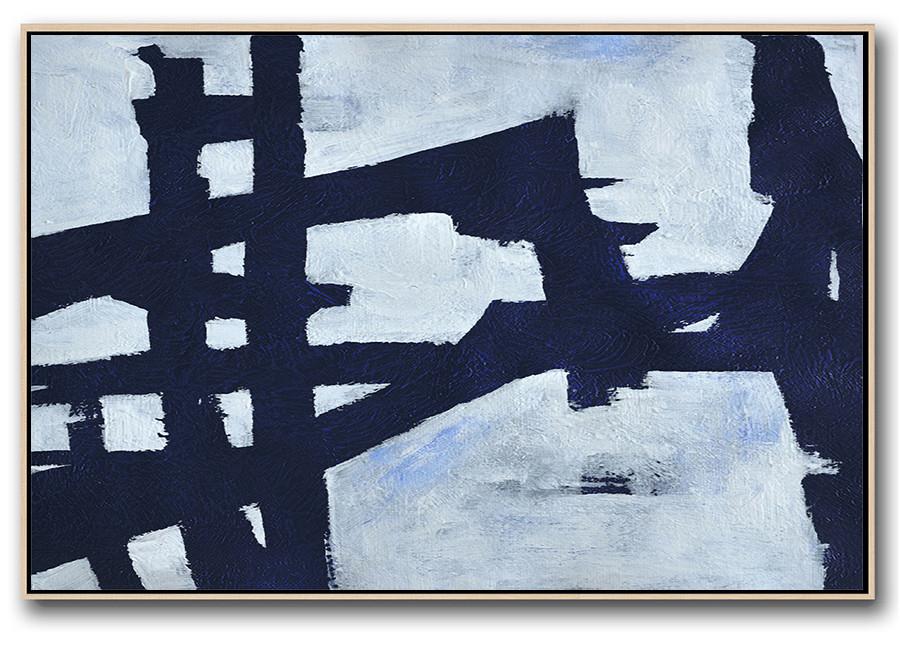 Contemporary Art Canvas Painting,Horizontal Abstract Painting Navy Blue Minimalist Painting On Canvas,Abstract Oil Painting